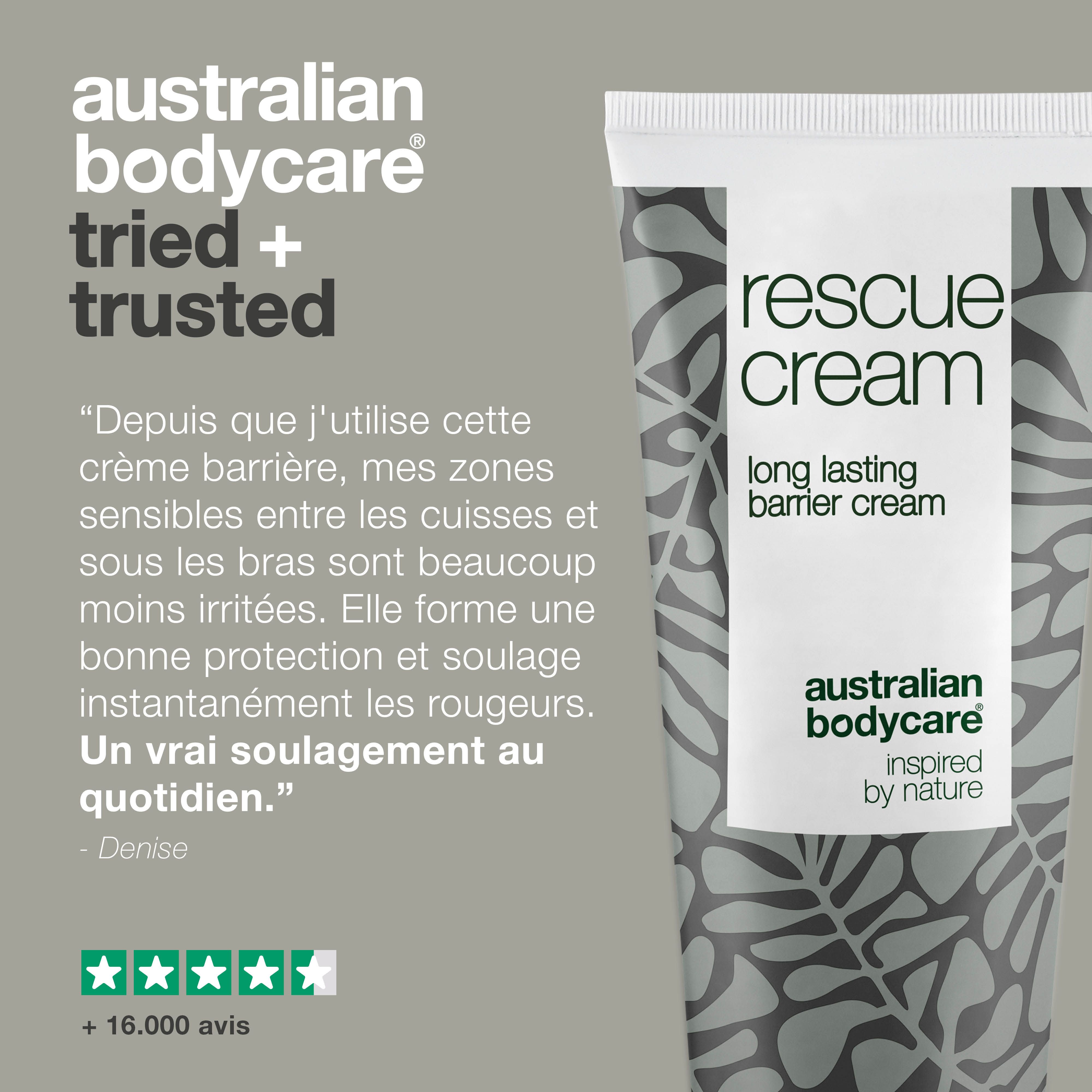 Texte et tube de crème barrière. Texte: rescue cream, australian bodycare.