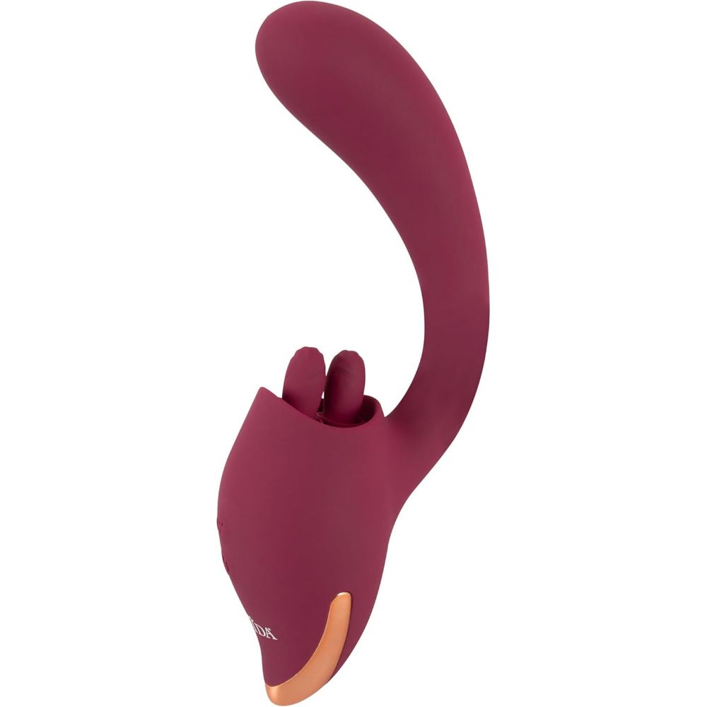 Paarse vibrator met gebogen schacht en twee stimulatoren. Het merk 'JAVIDA' is zichtbaar op de behuizing.