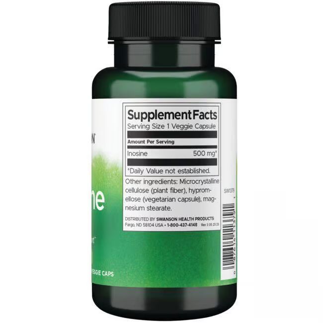 Dos du flacon vert. Étiquette avec informations nutritionnelles: Inosine 500 mg. Autres ingrédients et informations fabricant.