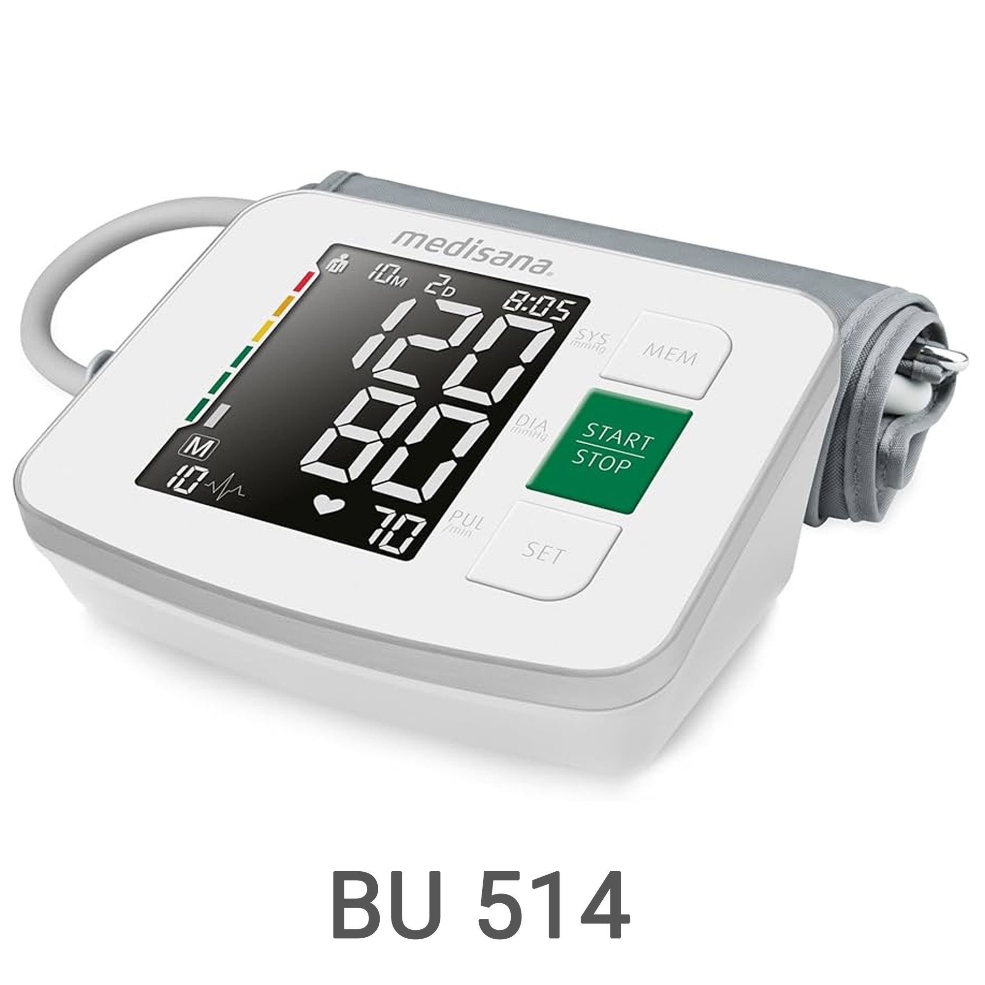 Tensiomètre de bras blanc BU 514 avec grand écran et bouton vert Start.