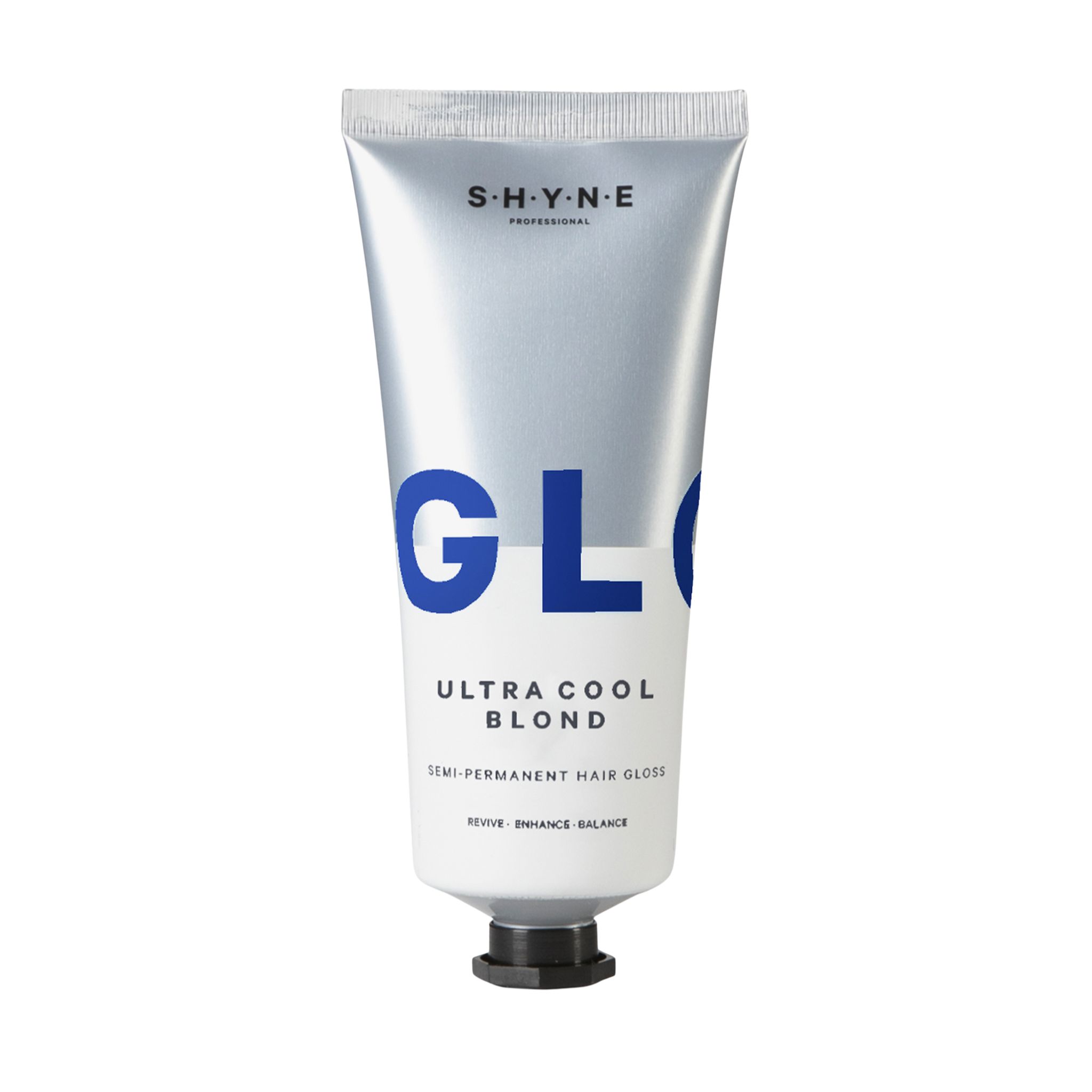 Tube argentée avec texte bleu "GLO" et "ULTRA COOL BLOND". Marque : SHYNE PROFESSIONAL. Bouchon noir.