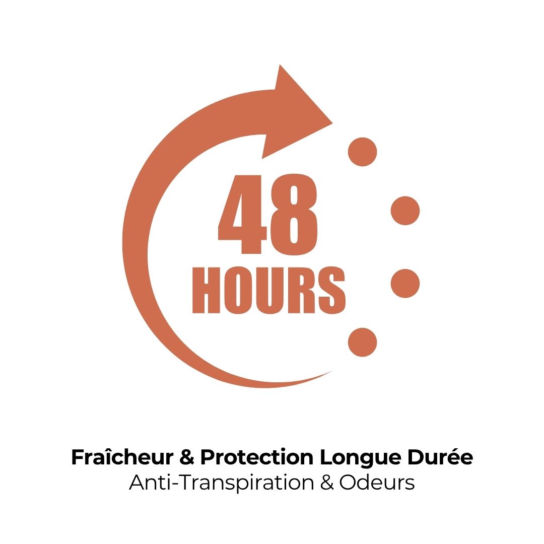 Symbole avec flèche et texte : 48 heures. Texte : Fraîcheur & Protection Longue Durée. Anti-Transpiration & Odeurs.