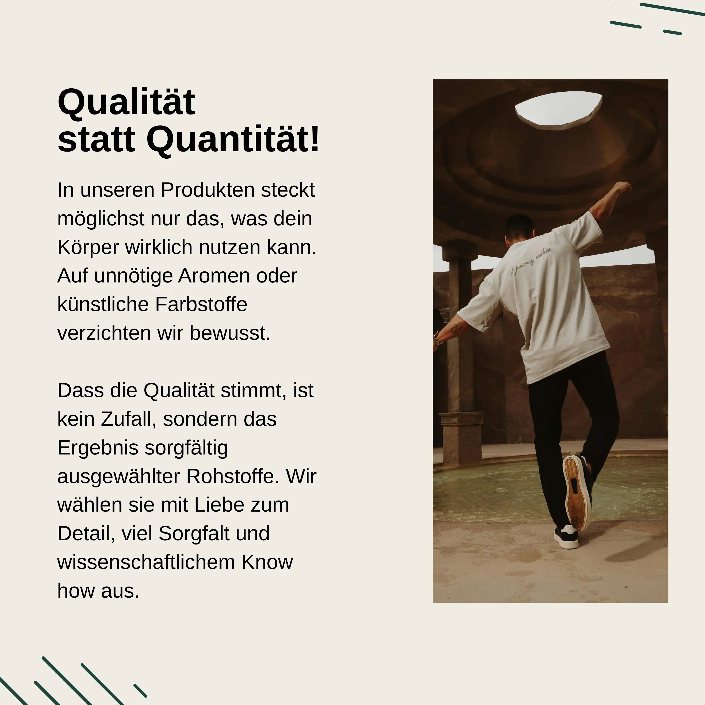 Homme en t-shirt clair dansant. Texte : La qualité plutôt que la quantité. Nos produits n'utilisent que ce que le corps peut utiliser. Sans arômes ni colorants.