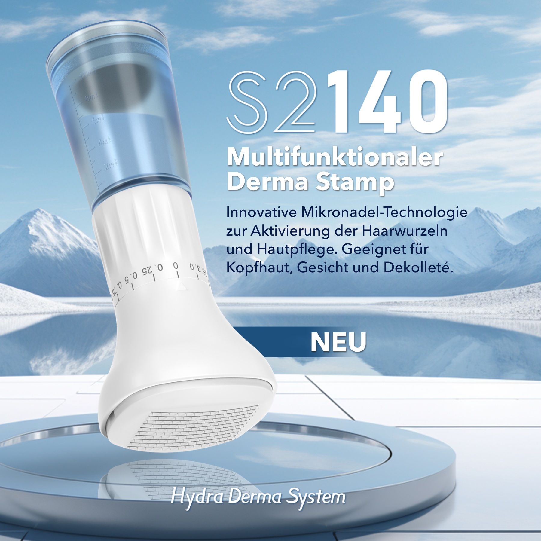 Multifunctionele Derma Stamp. Witte en blauwe stempel met serumtank. Micro-naaldtechnologie voor haarwortels en huidverzorging. Geschikt voor gezicht.