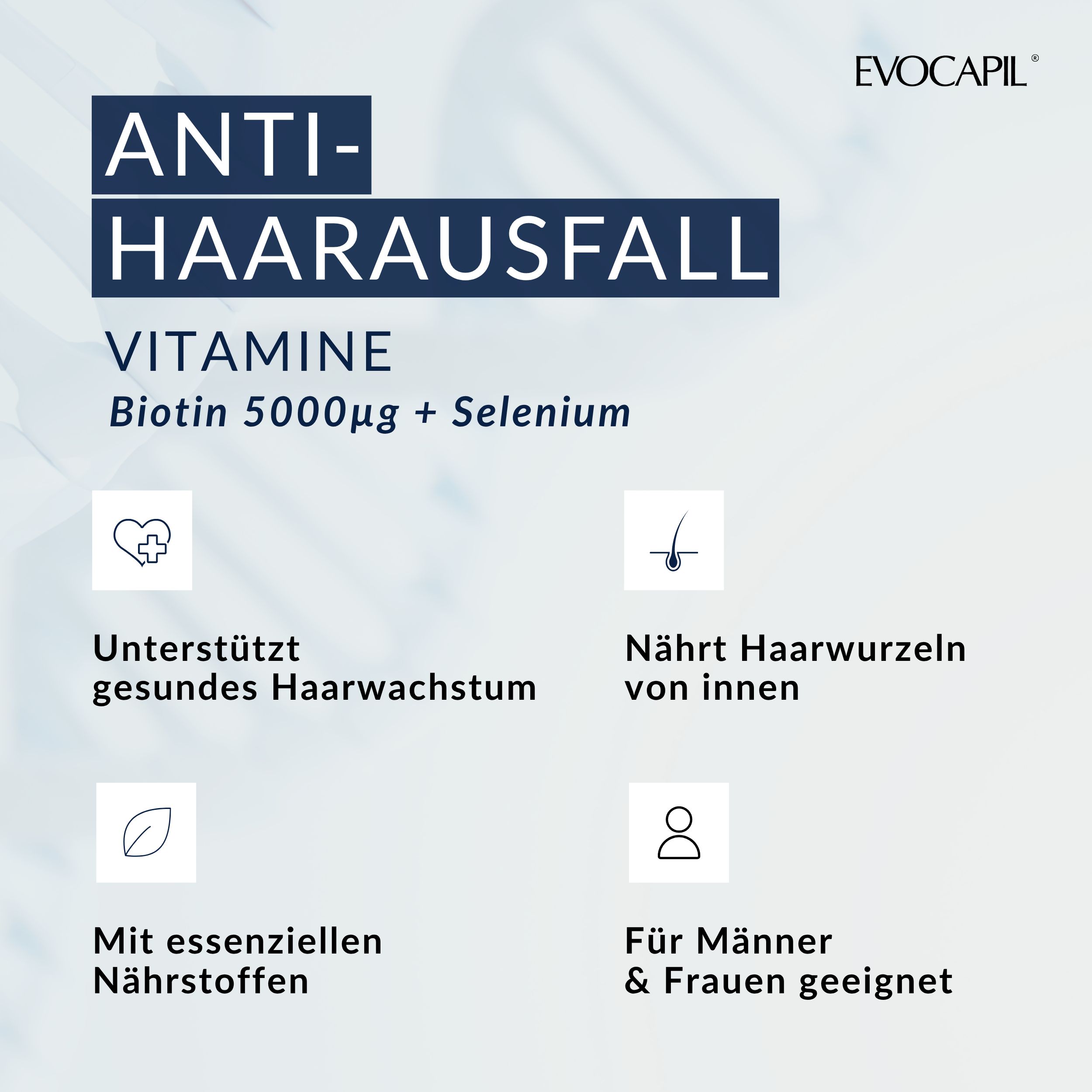 Vitamines contre la chute des cheveux. Contient de la biotine et du sélénium. Convient aux hommes et aux femmes.