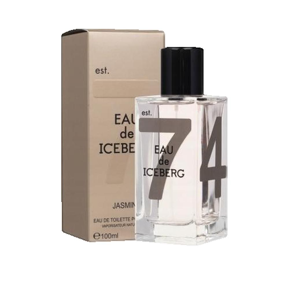 Flacon en verre avec bouchon noir et emballage. Inscription "EAU de ICEBERG 7".