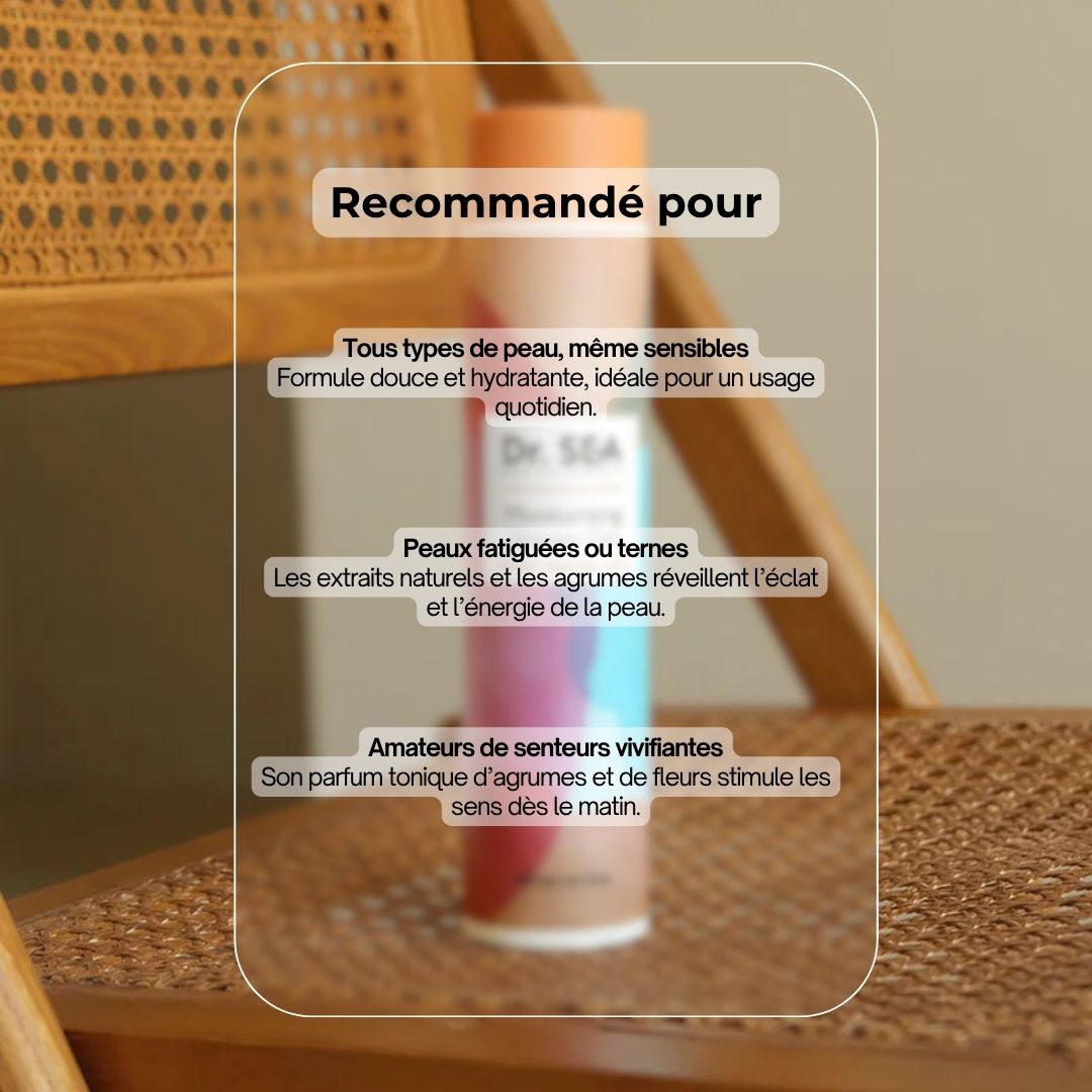 Flacon avec Dr. SEA, Moisturising Shower Gel. Texte : Recommandé pour. Tous types de peau, peaux fatiguées, amateurs de parfums.