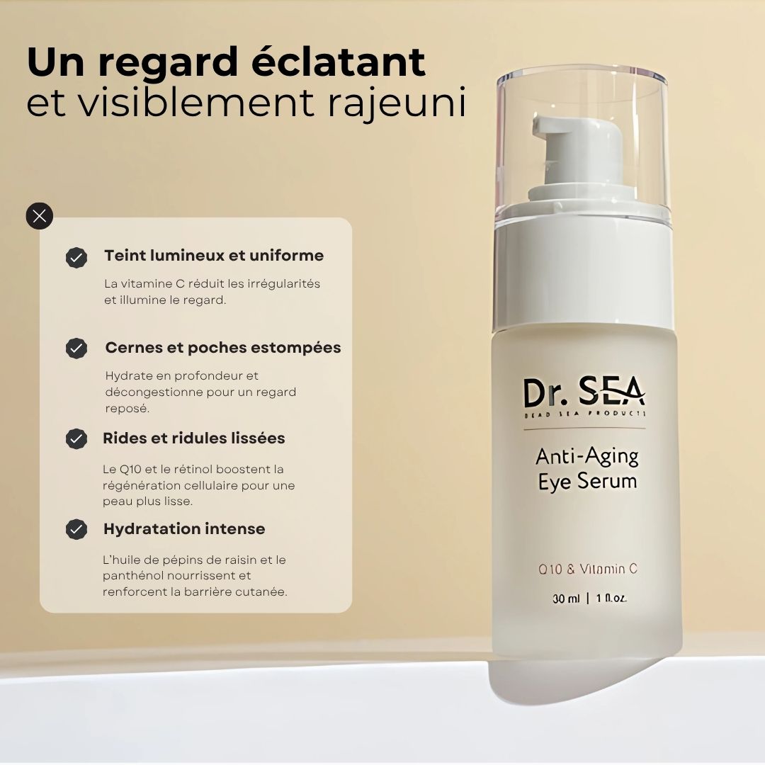 Flacon de sérum pour les yeux avec texte. Texte : Dr. SEA, Anti-Aging Eye Serum, Q10 & Vitamine C. Avantages : peau éclatante, moins de rides.