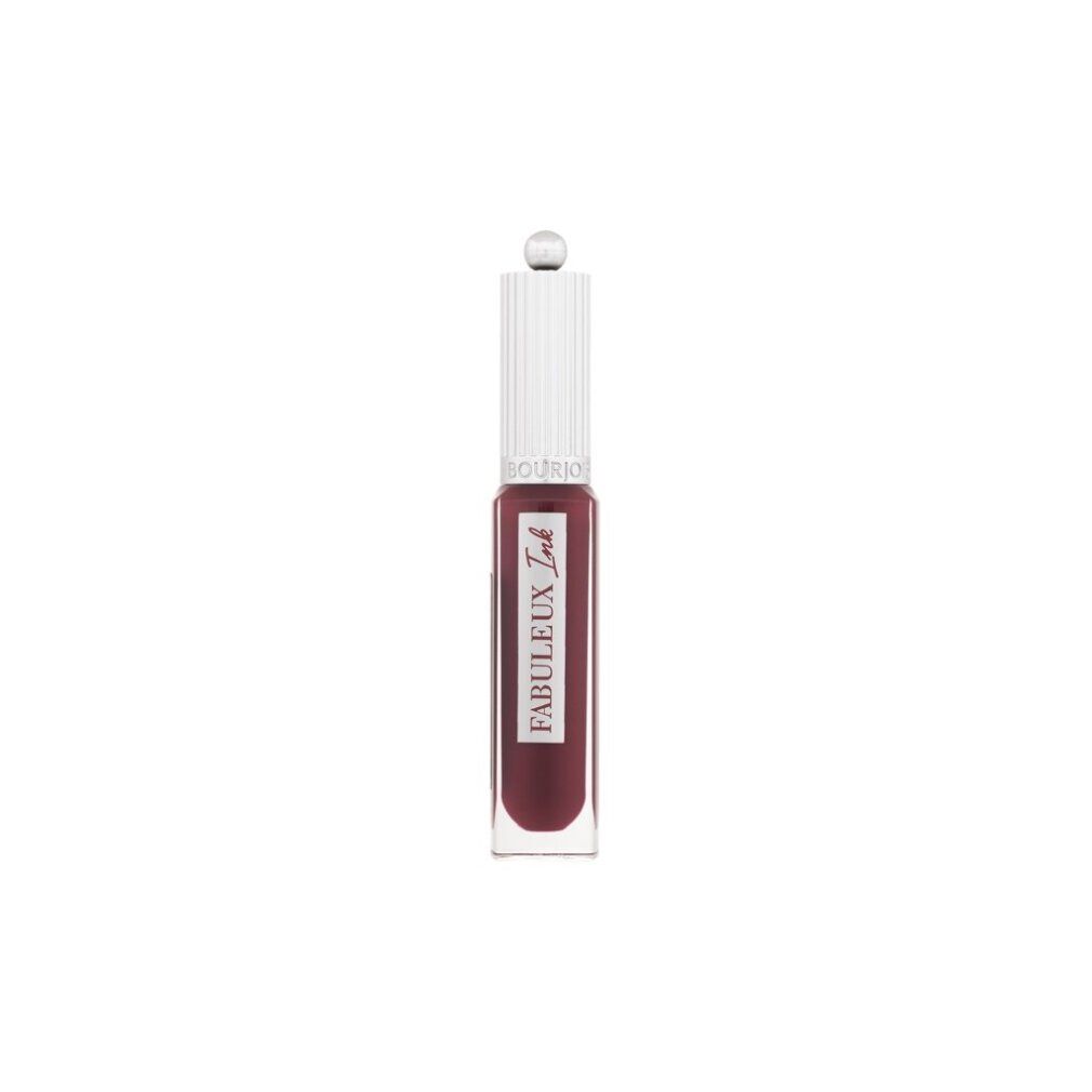 Bourjois Paris Fabuleux Ink 05 Berry'Tale Romance. Flacon de liquide rouge foncé, bouchon argenté. Étiquette blanche avec texte.