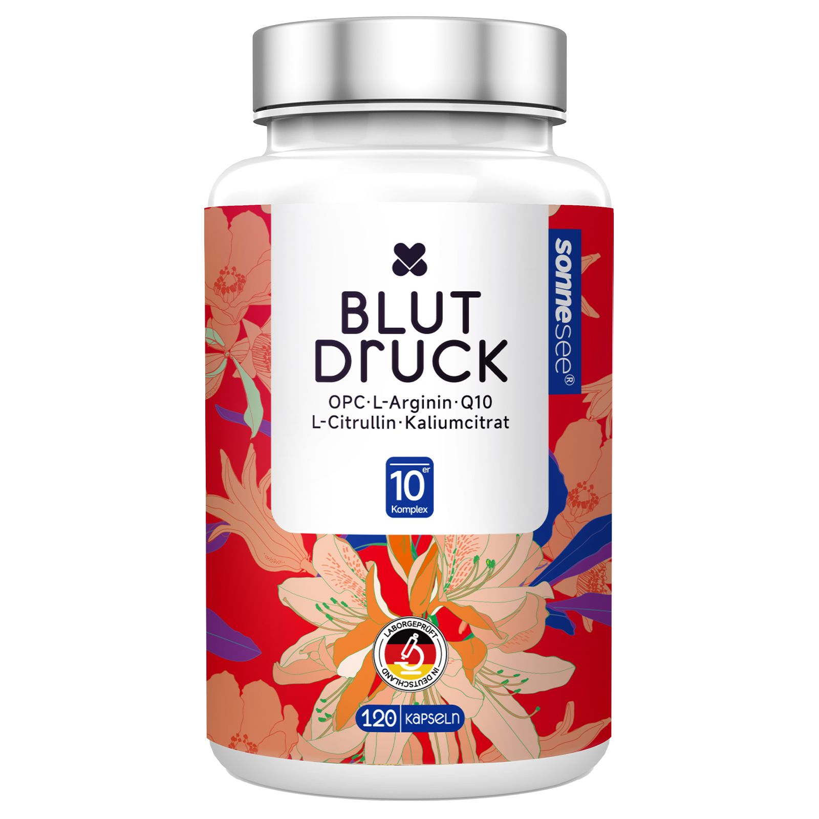 Flacon de 120 gélules pour la tension artérielle, contient OPC, L-Arginine, Q10, L-Citrulline, Citrate de potassium.