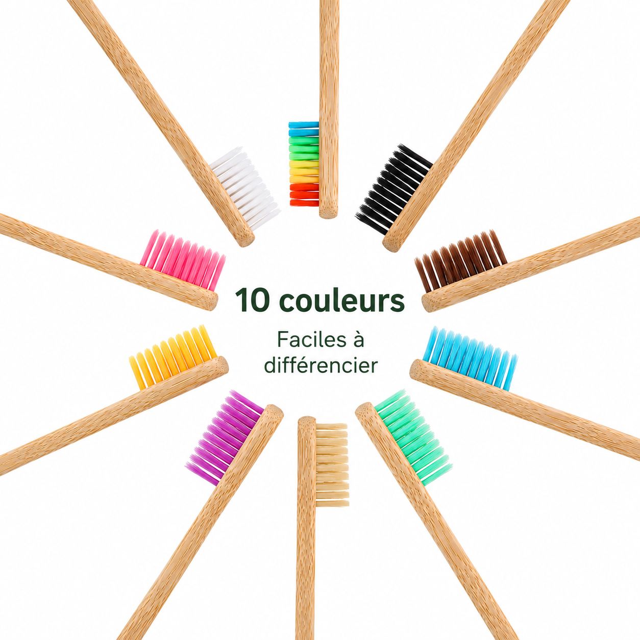 Dix brosses à dents en bambou avec des poils de différentes couleurs : blanc, multicolore, noir, marron, bleu, vert, jaune, violet, beige.