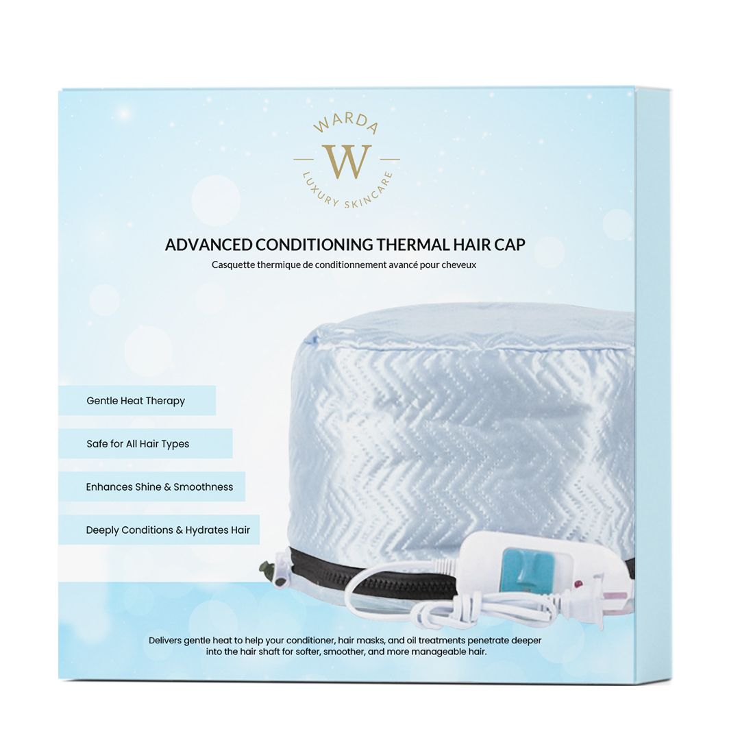 Emballage de la casquette thermique. On peut lire "Warda Luxury Skincare" et "Advanced Conditioning Thermal Hair Cap".