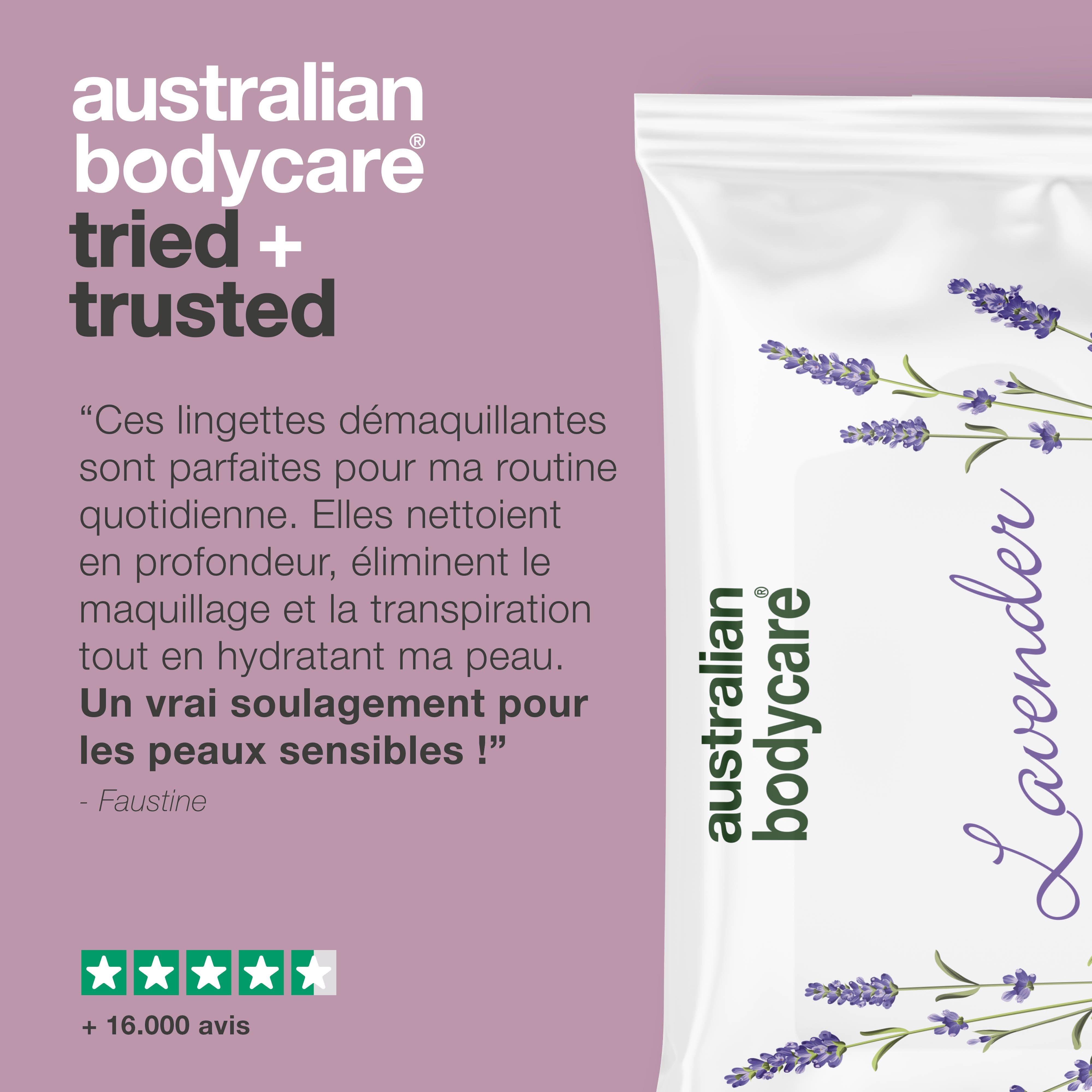 Emballage avec "australian bodycare" et "Lavender". Texte: Lingettes pour les déplacements. Testé par dermatos.