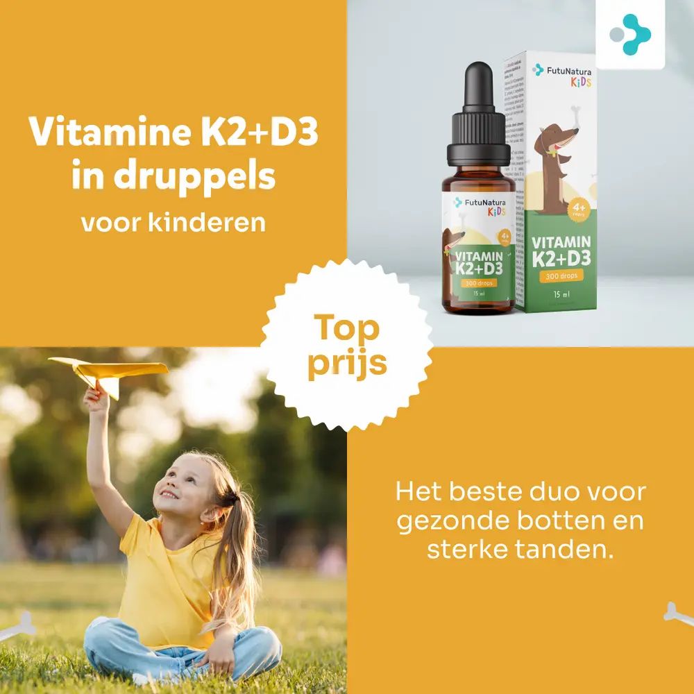 Meisje speelt met een papieren vliegtuigje. Daarnaast fles en verpakking. Opschrift: Vitamine K2+D3 in druppels, 15 ml.