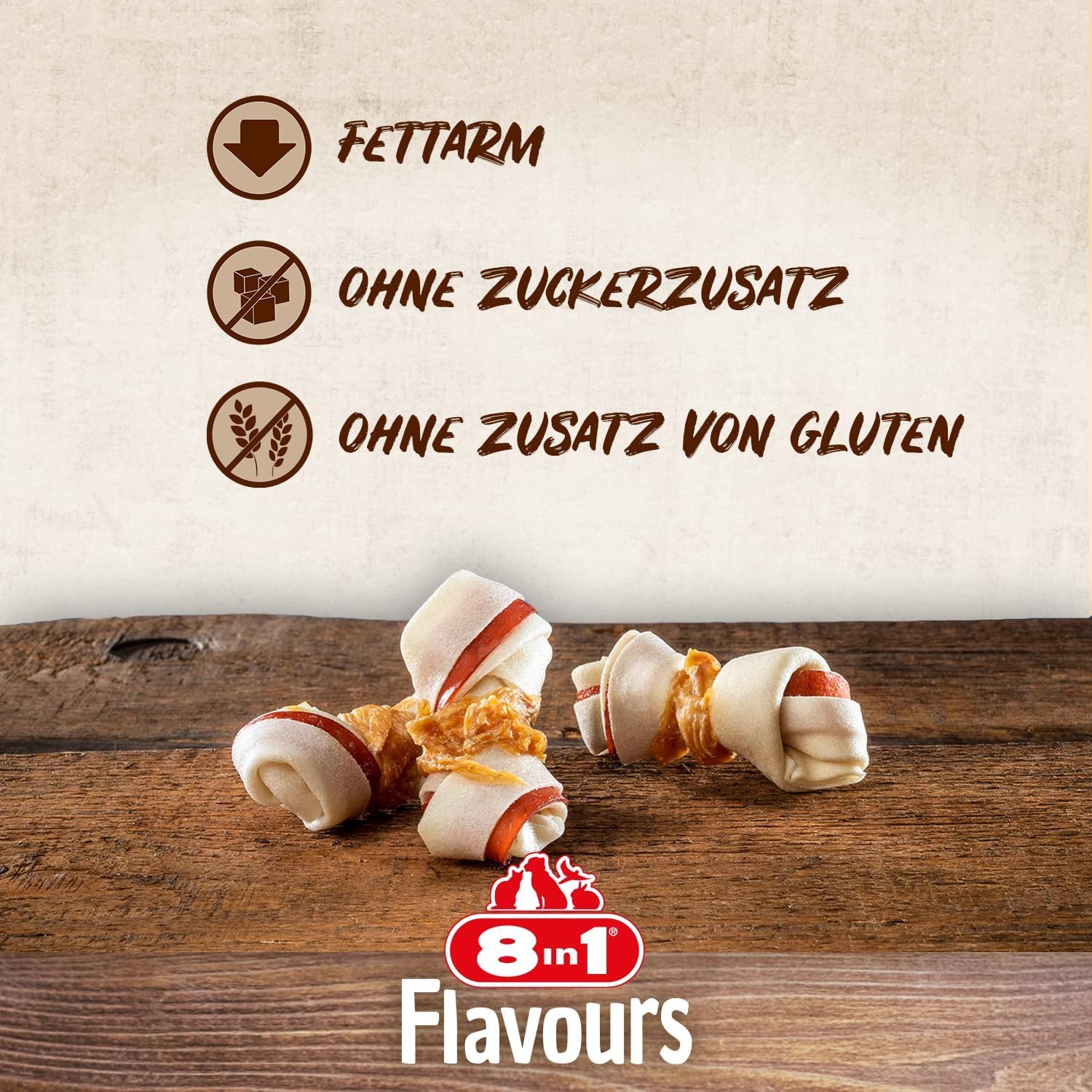 Os à mâcher : faible en gras, sans sucre ajouté, sans gluten. "Faible en gras", "Sans sucre ajouté", "Sans gluten" (sans ajout).