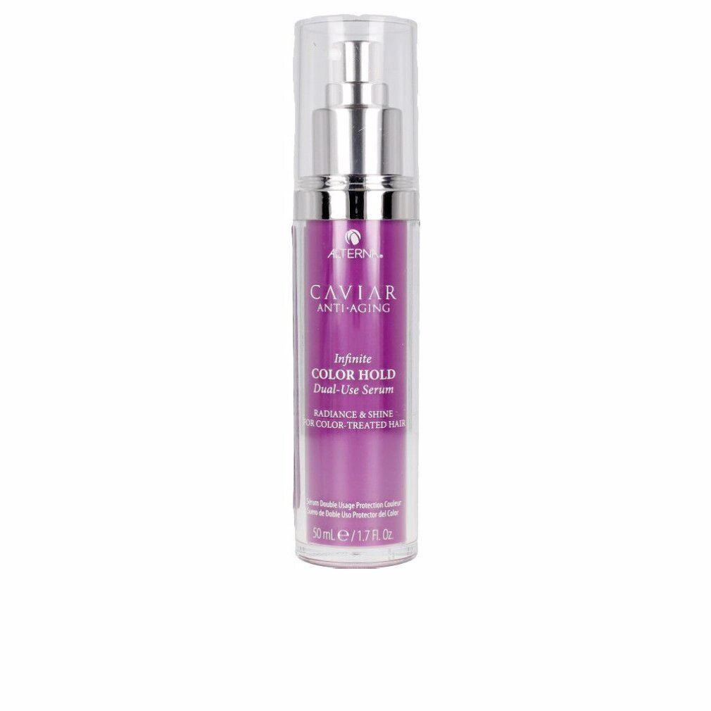 Serumfles met zilveren pomp en paarse vloeistof. Opschrift: Caviar Anti-Aging, Infinite Color Hold Dual-Use Serum.
