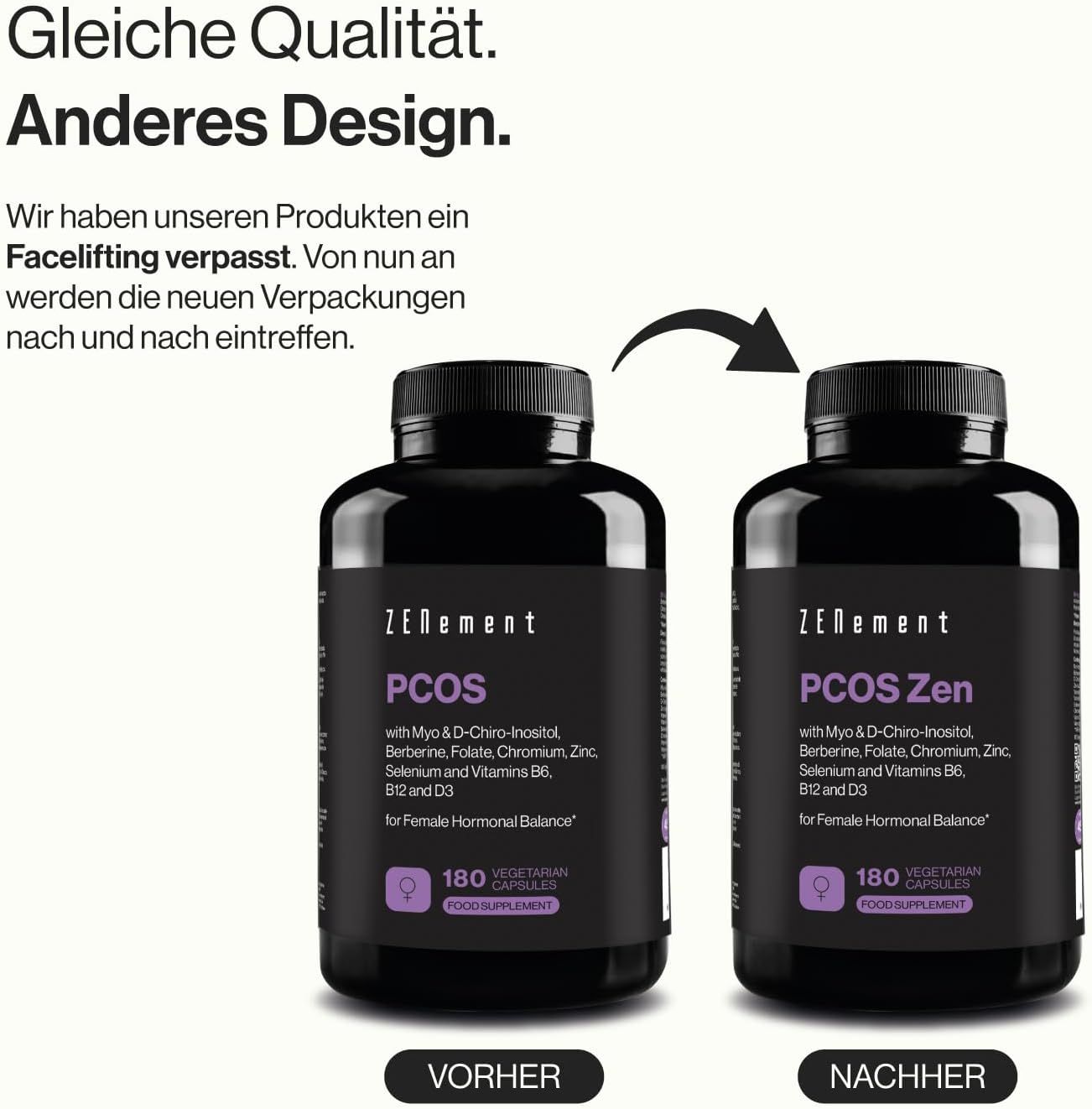 Comparaison de deux flacons PCOS Zen. Même qualité, design différent. Avant et après.