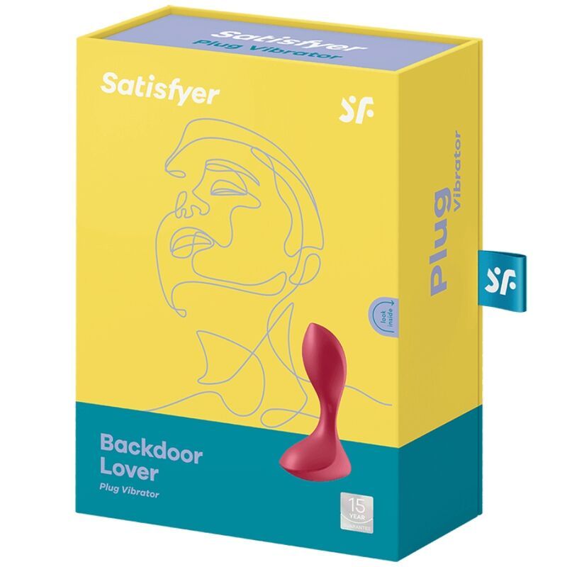 Verpakking van de Satisfyer Backdoor Lover Plug Vibrator. Gele doos met blauwe accenten en productafbeelding.