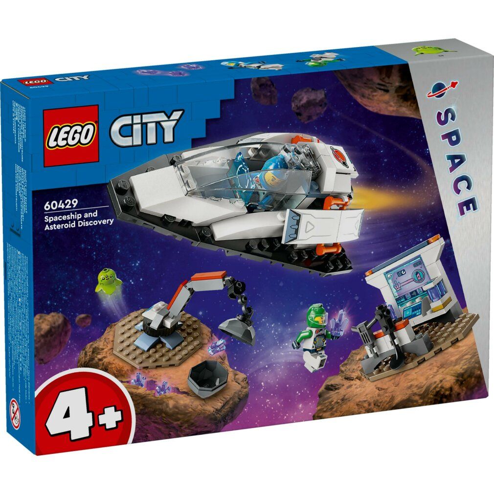 LEGO City set. Ruimteschip, robots, figuren en accessoires. Verpakking met ruimteschip illustratie. Aanbevolen leeftijd 4+.