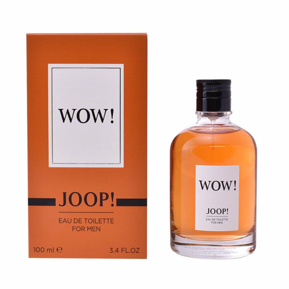 Joop Wow Eau de Toilette pour homme. Flacon et emballage. Boîte orange avec WOW! et JOOP! 100 ml.