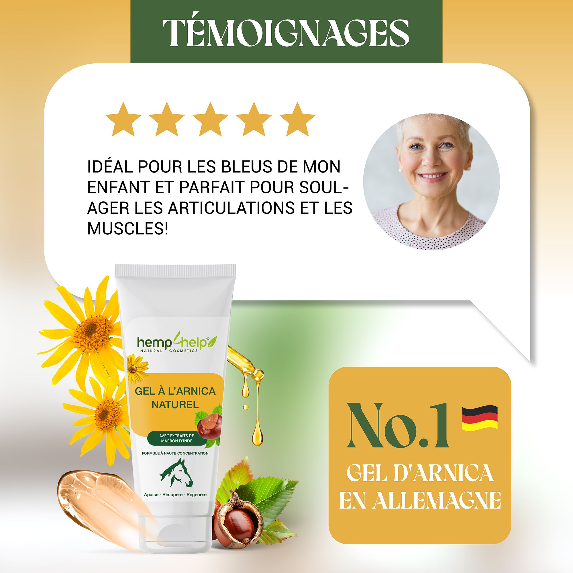 Tube Gel à l'Arnica Naturel, hemp4help. Tekst: Anti-Extract van Paardenkastanje. Logo: Paard. Nr. 1 Gel d'Arnica in Duitsland.