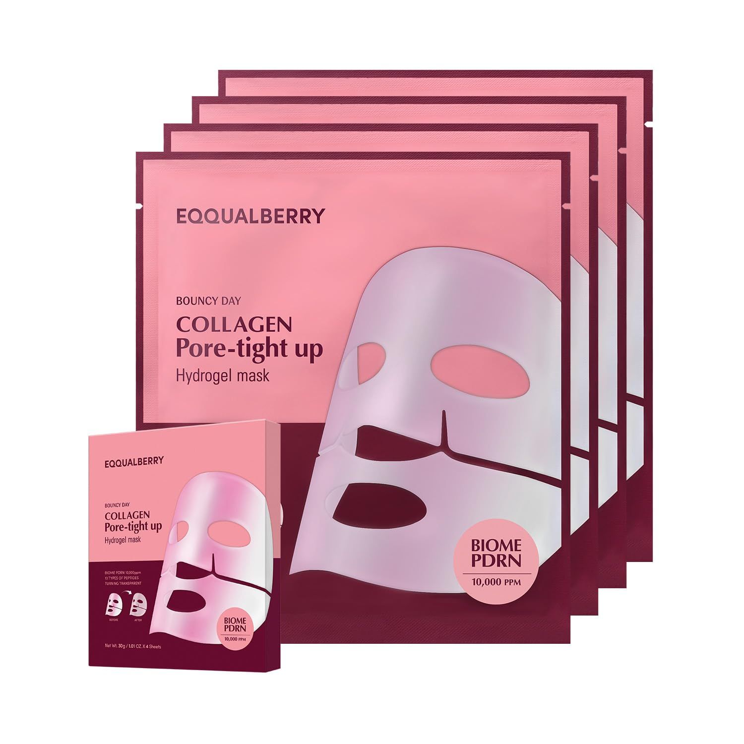 Plusieurs paquets de masques faciaux. Inscription : EQQUALBERRY, Collagen Pore-tight up Hydrogel Mask. Une boîte avec un masque.