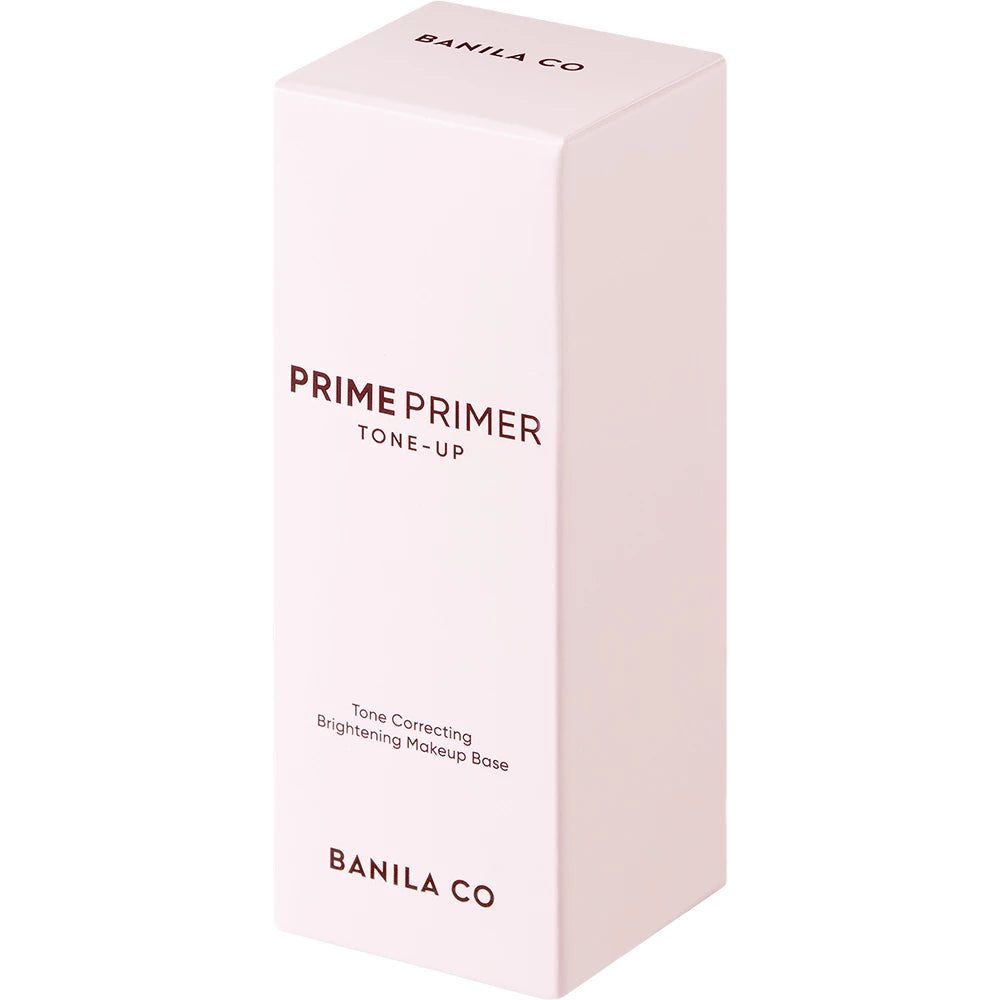 Emballage blanc avec inscription : PRIME PRIMER TONE-UP, BANILA CO. Texte : Tone Correcting Brightening Makeup Base.