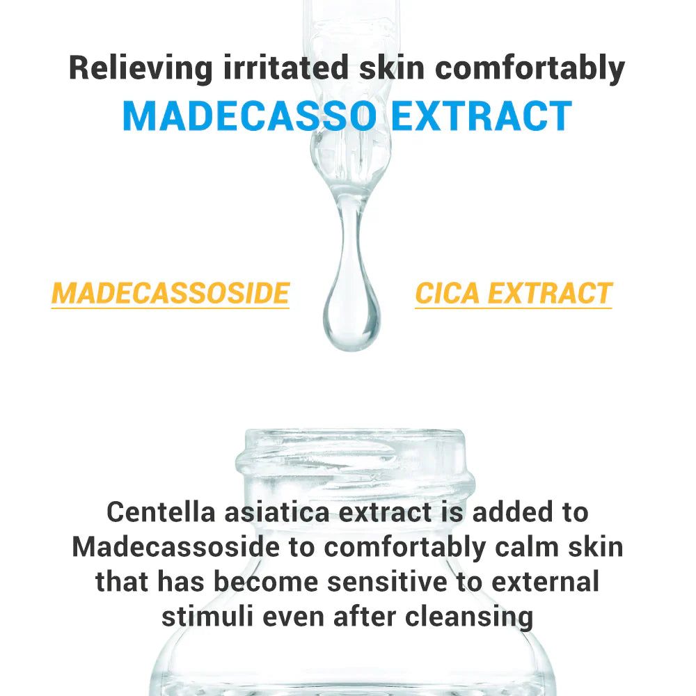 Graphique : gouttes de Madécassoside et extrait de Cica. Texte : apaise la peau irritée.