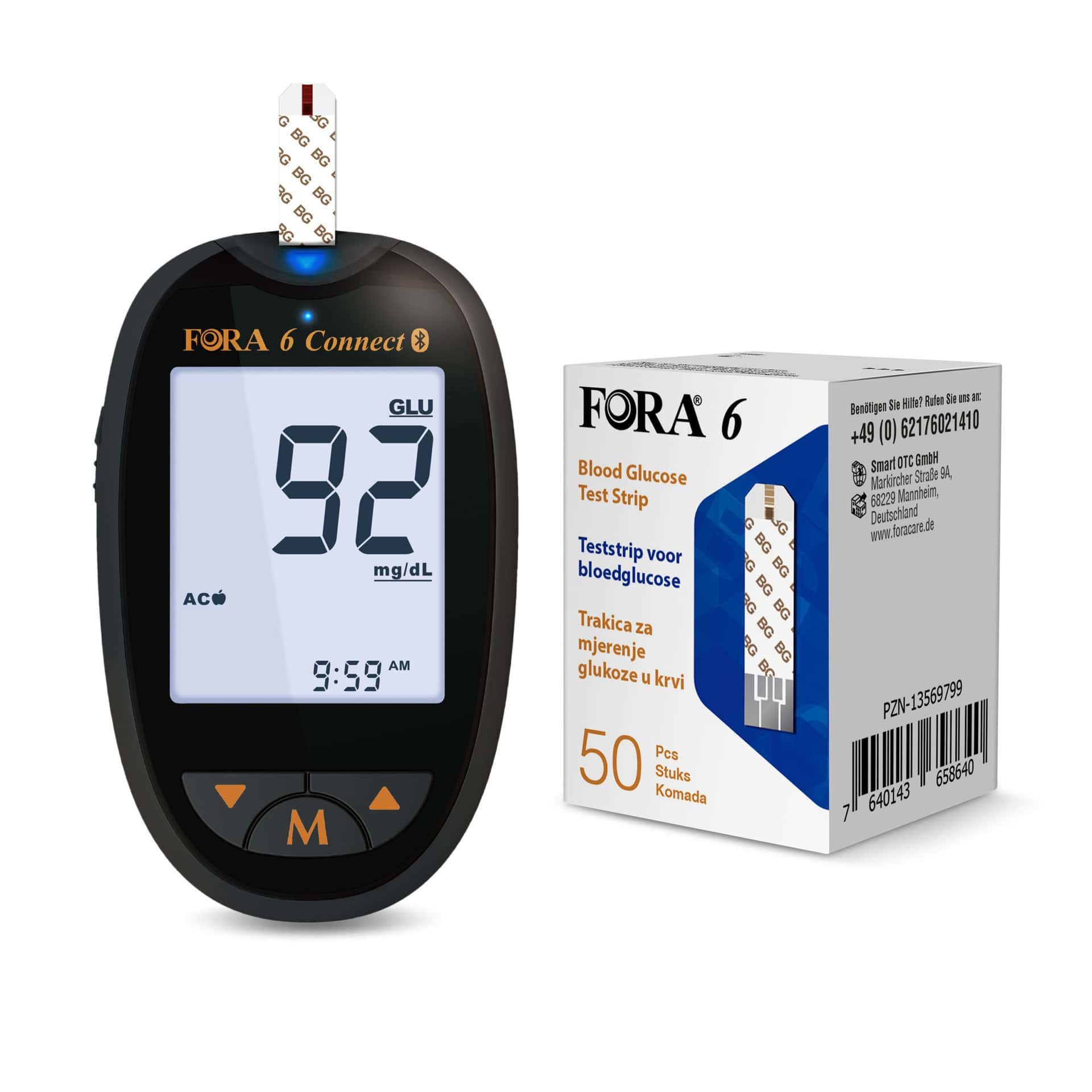 Bloedglucosemeter en doos. Meter toont '92 mg/dL'.