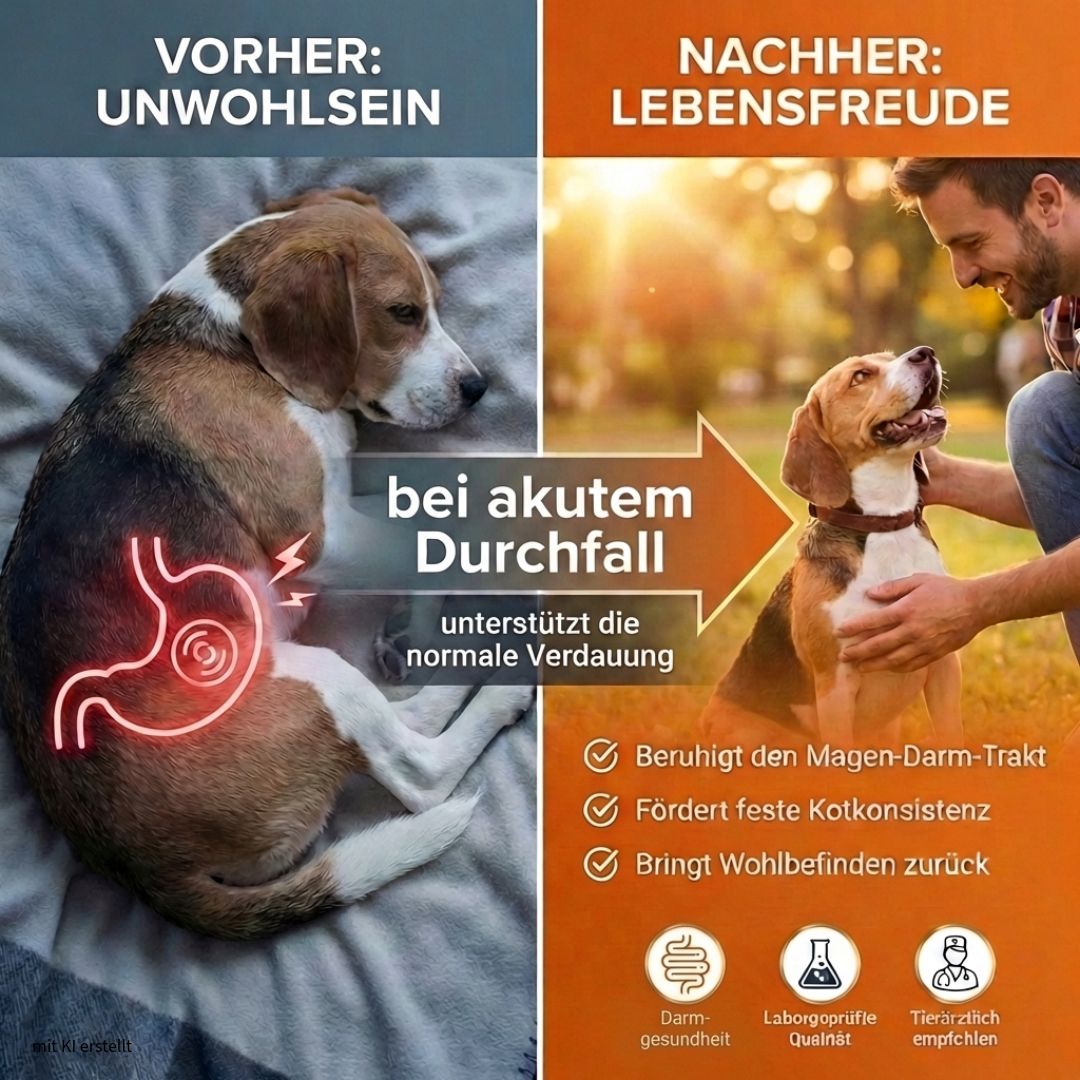 Image comparative : chien souffrant, puis chien heureux avec un homme. Texte : En cas de diarrhée aiguë, soutient la digestion normale.