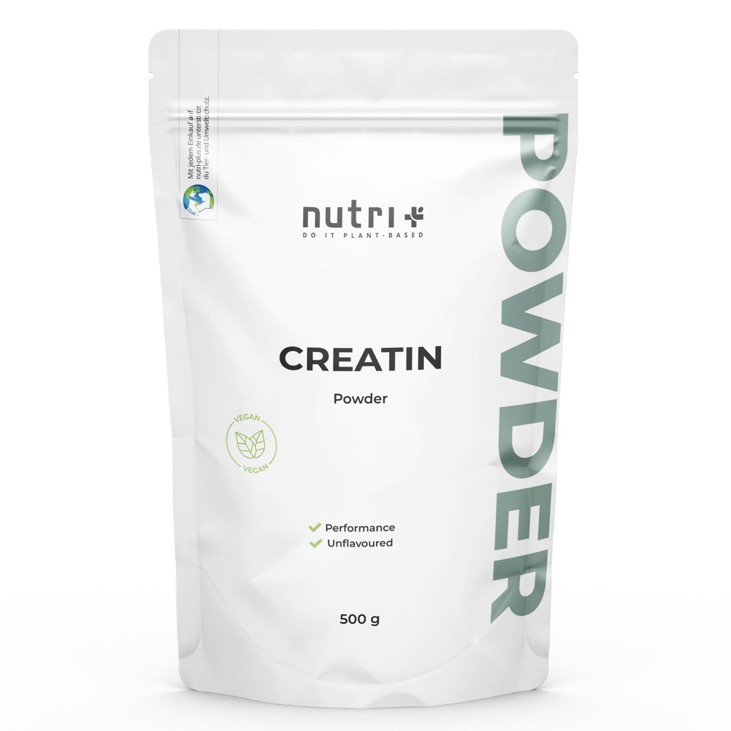 Witte zak met 'nutri+' logo en 'CREATIN Powder'. Vegan zegel. 500 g. 'Performance' en 'Unflavoured'.