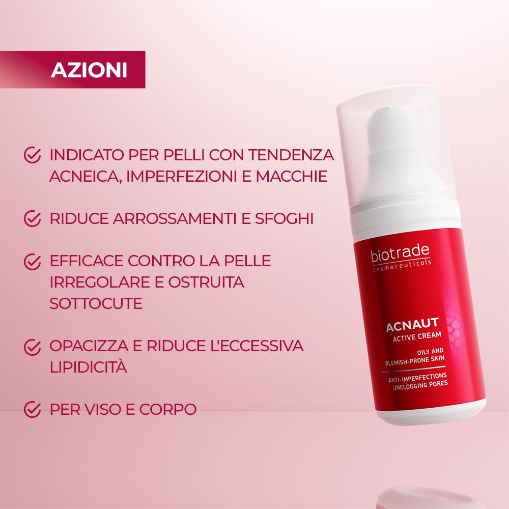 Texte avec puces. Décrit les actions de ACNAUT ACTIVE CREAM. Pour peaux à imperfections, contre les rougeurs, etc.