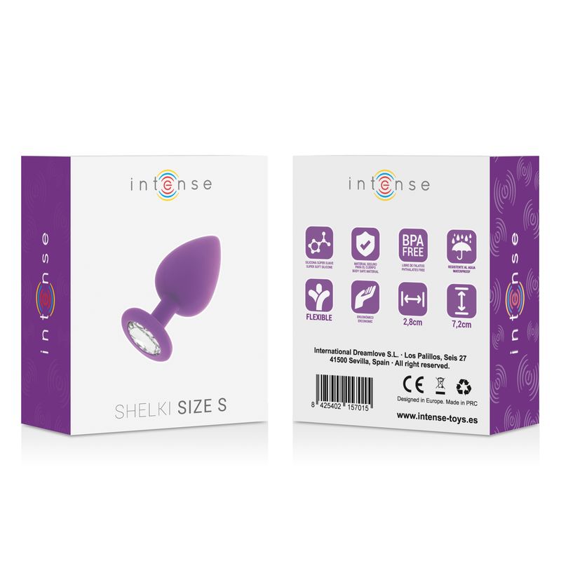 Avant et arrière de l'emballage d'un plug anal violet. Contient des informations produit et des dimensions.