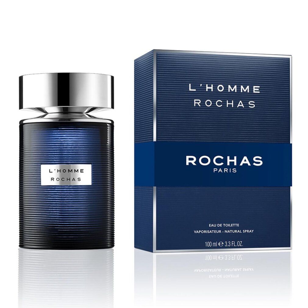 Flacon et emballage L'Homme Rochas Eau de Toilette. Boîte bleu foncé avec inscription argentée.