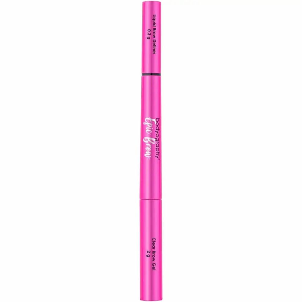 Roze dubbelzijdige pen. Boven: Liquid Brow Definer. Onder: Clear Brow Gel. Witte tekst: Epic Brow, Bodyography.
