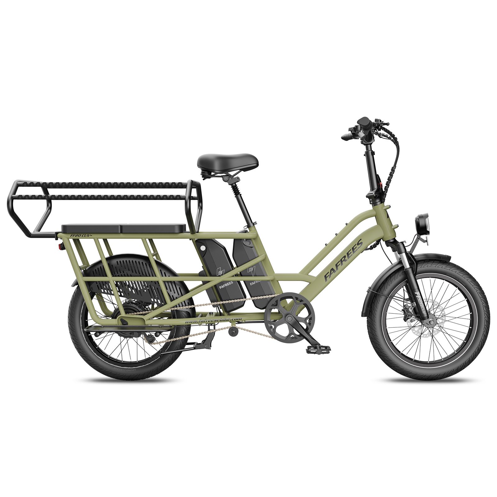 Vélo cargo électrique vert, vue de côté, avec deux batteries et grand porte-bagages.