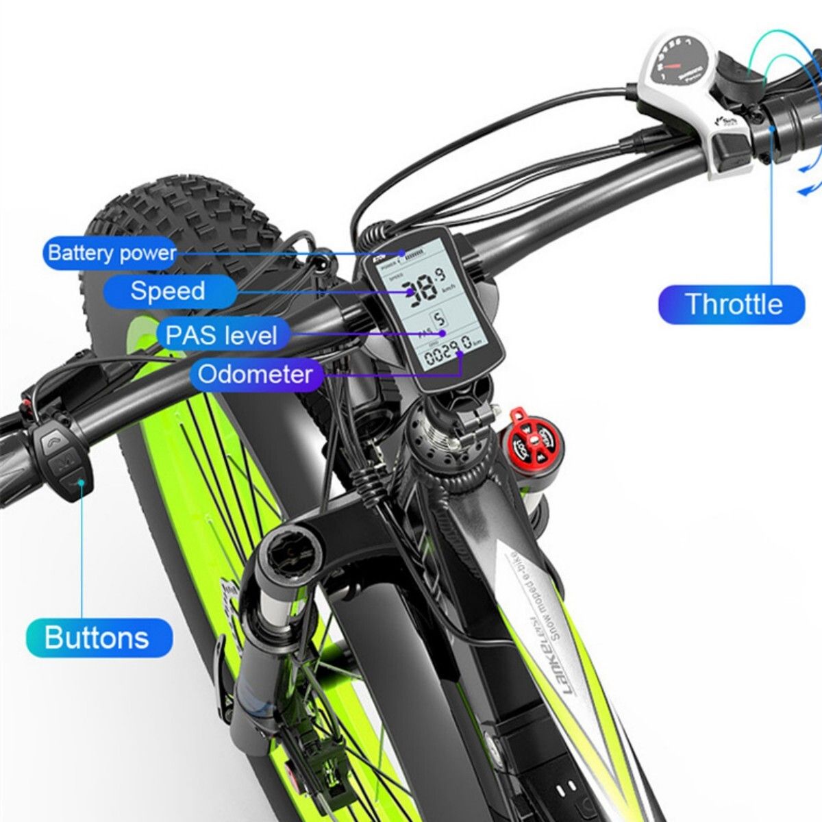 Close-up van het stuur van een e-bike. Weergave van snelheid, batterij, PAS-niveau en kilometerstand. Labels: 'Throttle' en 'Buttons'.