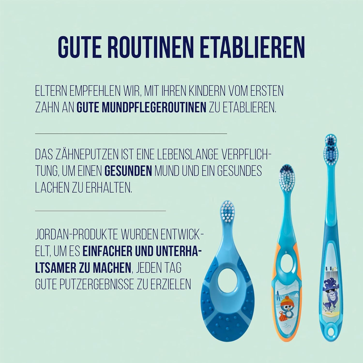 Trois brosses à dents pour enfants avec manches colorées. Manches bleus, bleus et bleus. Différents designs. Logo Jordan.