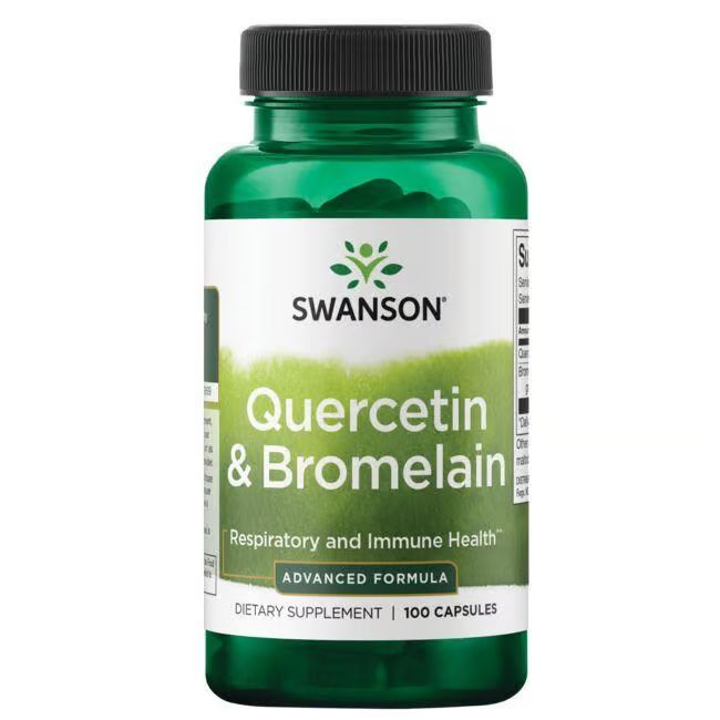 Flacon vert avec bouchon noir. Étiquette "SWANSON", "Quercetin & Bromelain" et "100 capsules".