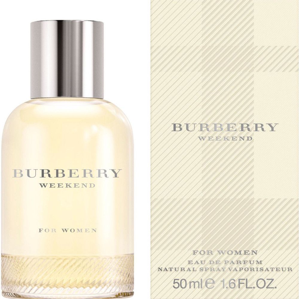 Burberry Weekend Eau de Parfum Spray pour femmes. Flacon avec bouchon argenté et emballage rectangulaire avec logo et texte.