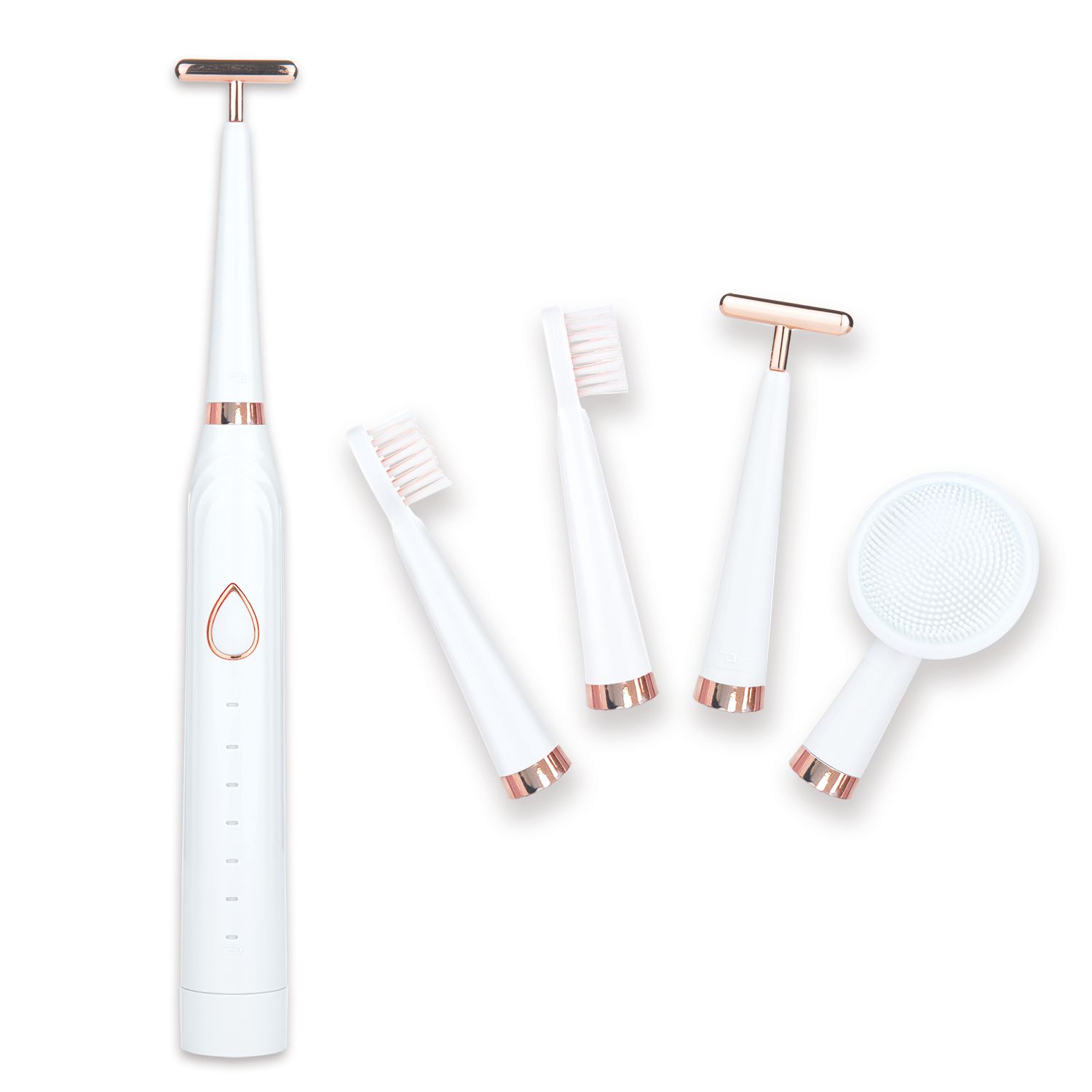 Kit de soins du visage et des dents à ultrasons 3-en-1 blanc et or rose. Comprend une base, des têtes de brosse, un rasoir et une brosse nettoyante pour le visage.