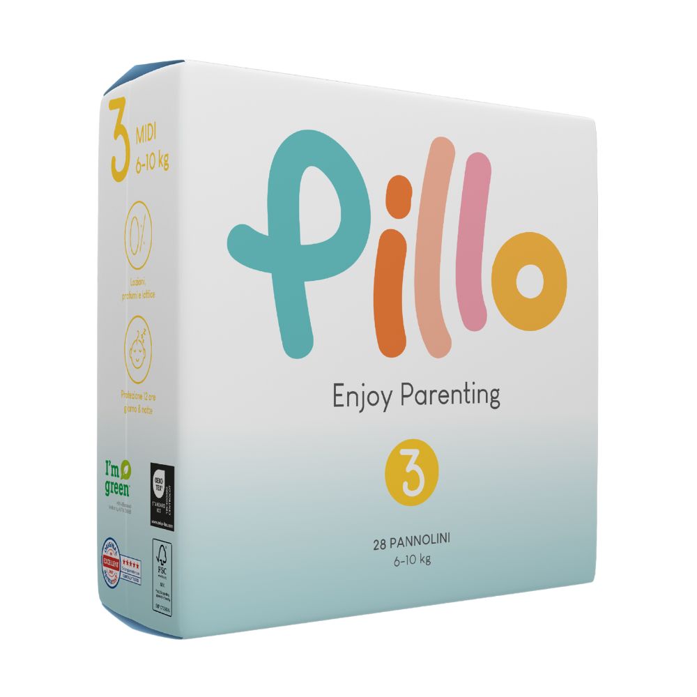 Paquet de couches, taille 3 Midi, 6-10 kg. Inscription : Pillo, Enjoy Parenting, 28 Pannioli.