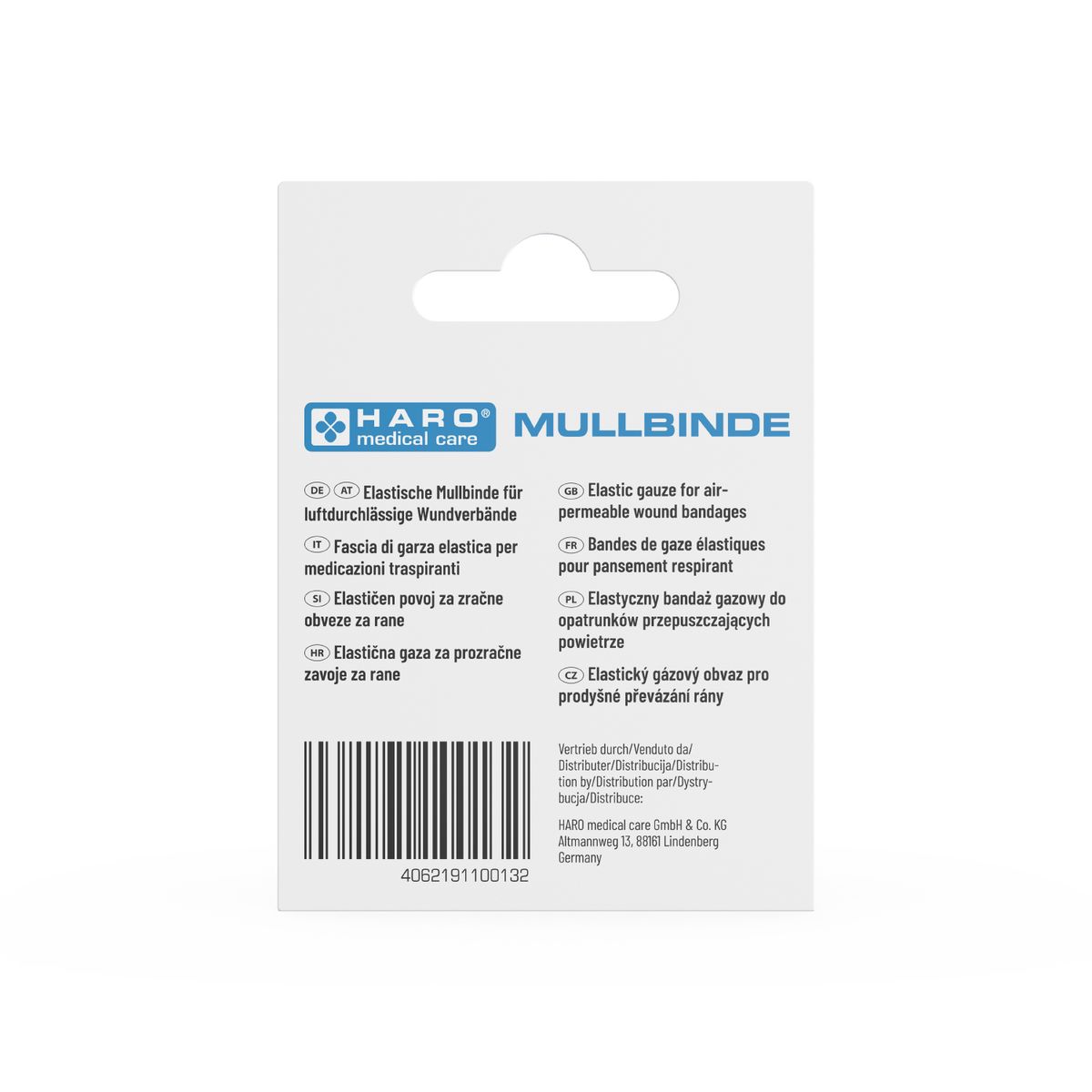 Dos de l'emballage Haro Mullbinde. Texte multilingue, code-barres et logo.