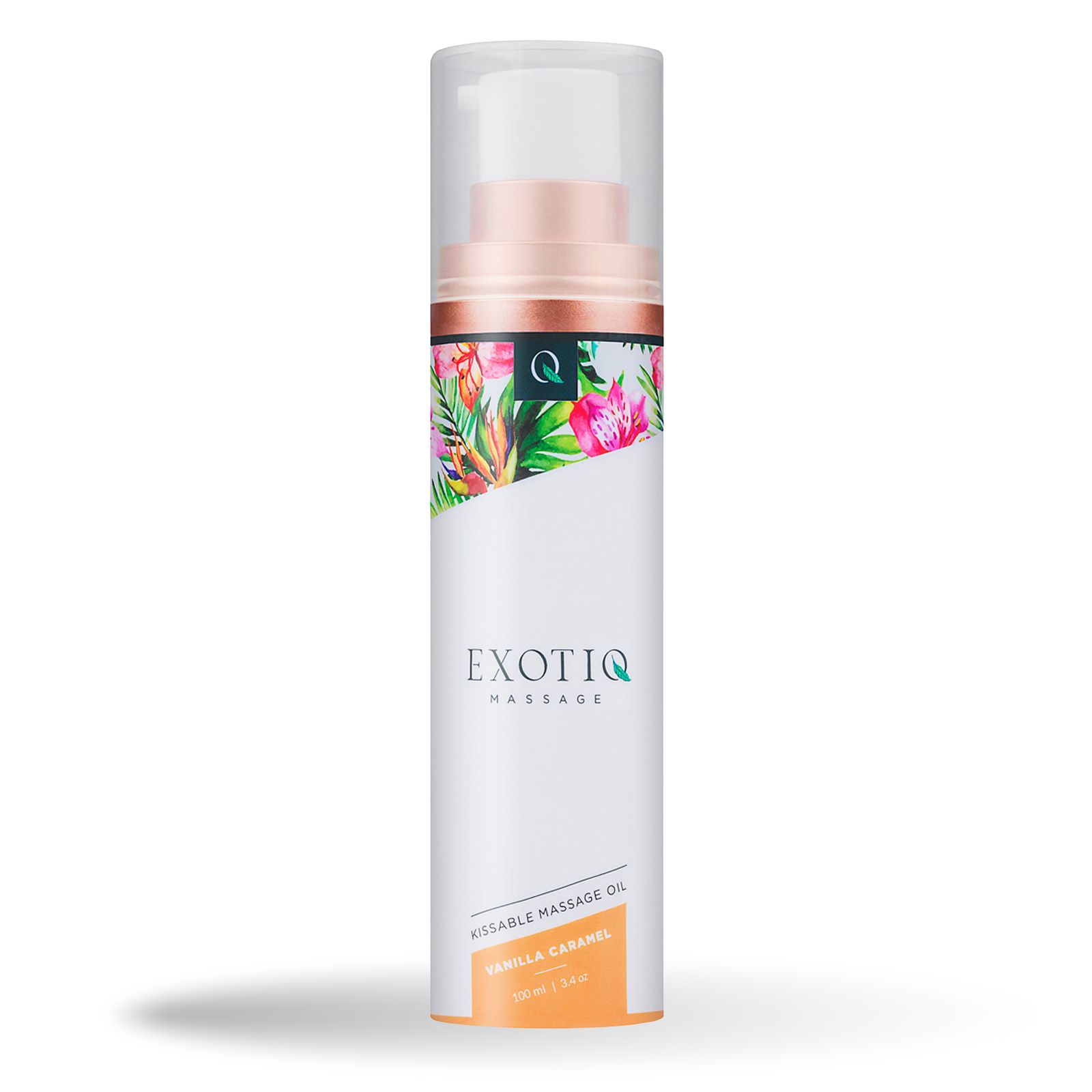 Witte massageoliefles met bloemenontwerp en transparante dop. Opschrift: Exotiq Massage, Vanilla Caramel.