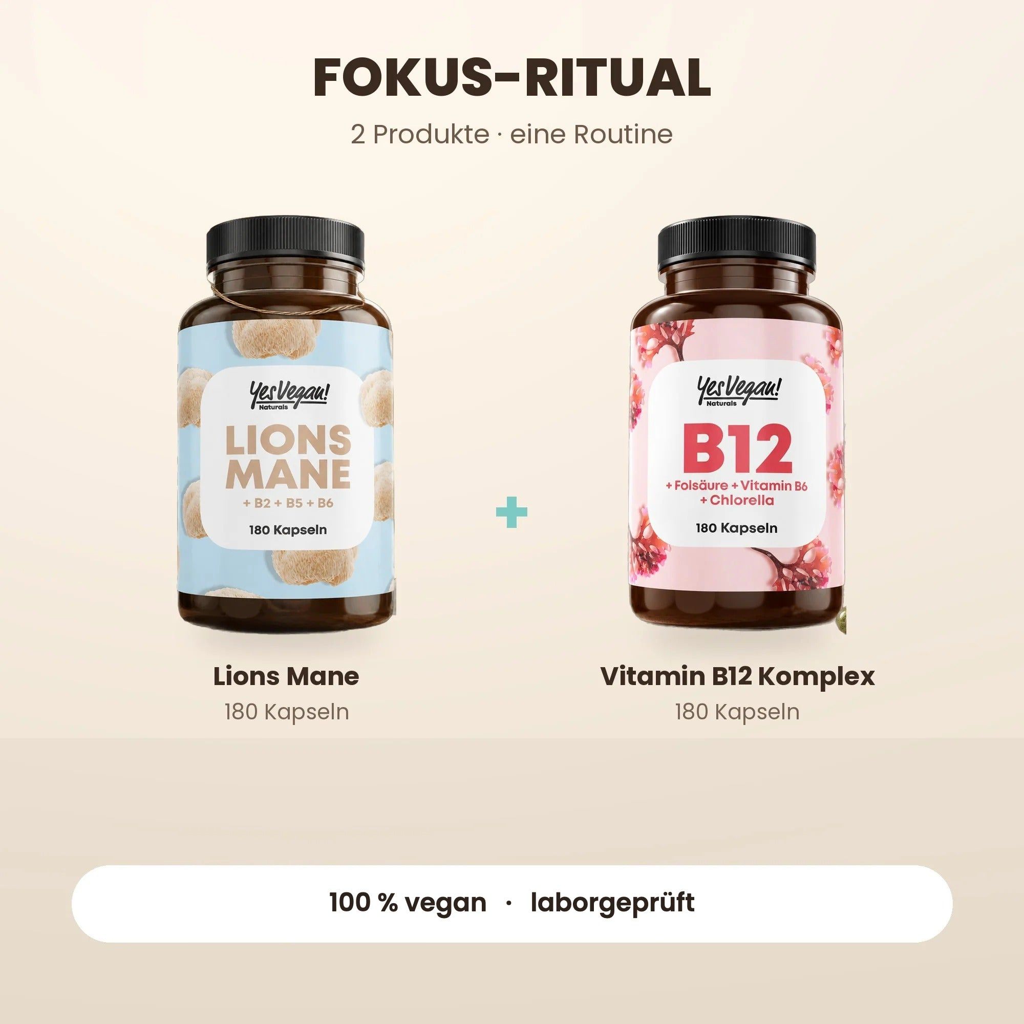 Twee flessen YesVegan! voedingssupplementen: Lions Mane en Vitamine B12 Complex.