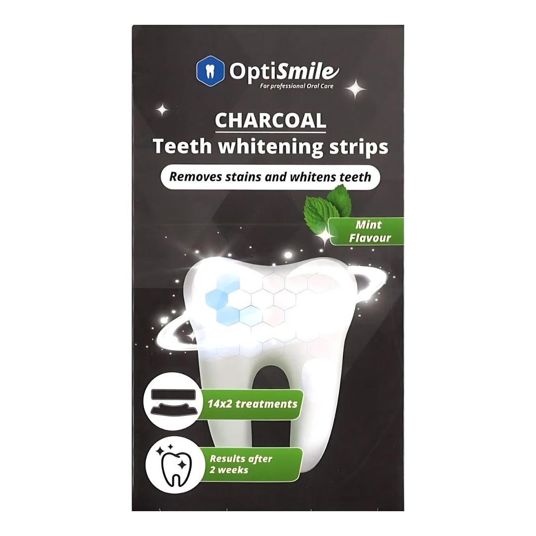 Emballage noir avec logo OptiSmile et nom du produit. Image d'une dent avec des bandes. Texte: Charcoal Teeth whitening strips, 14x2 traitements.