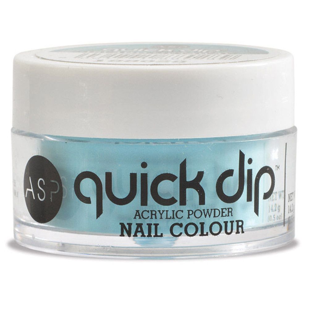 Pot rond avec poudre bleue. Inscription 'quick dip' et 'NAIL COLOUR'.