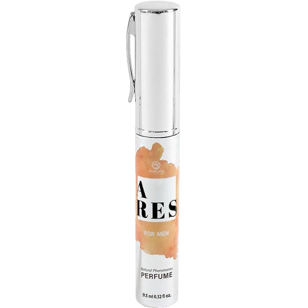 Cilindrische fles met zilveren dop en clip. Opschrift "ARES FOR MEN". Oranje achtergrond. "Natural Pheromones PERFUME".