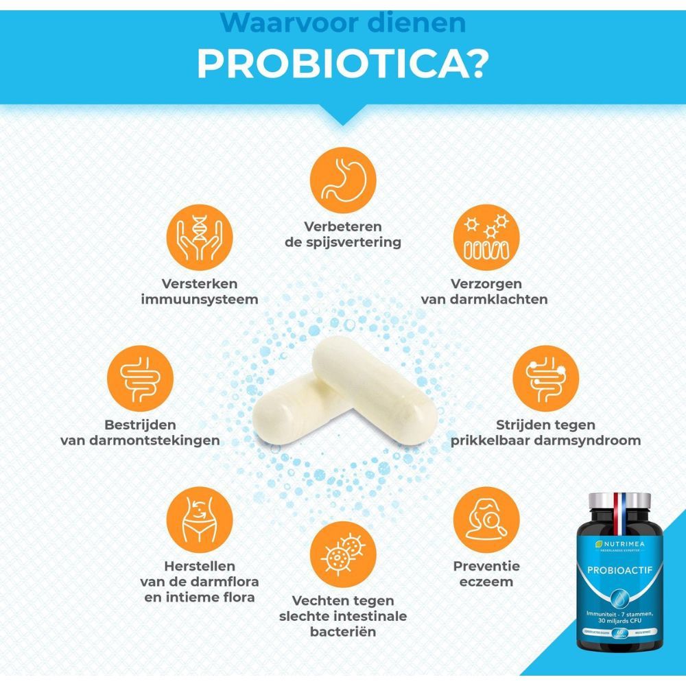 Diagram: voordelen van probiotica: spijsvertering, immuniteit, darmflora, prikkelbare darm syndroom, eczeem.