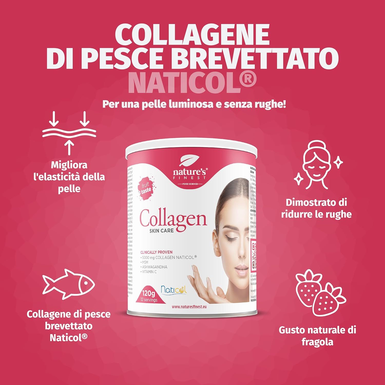 Fond rouge avec image du produit. Texte : Collagène SkinCare, améliore l'élasticité de la peau. Goût naturel de fraise.